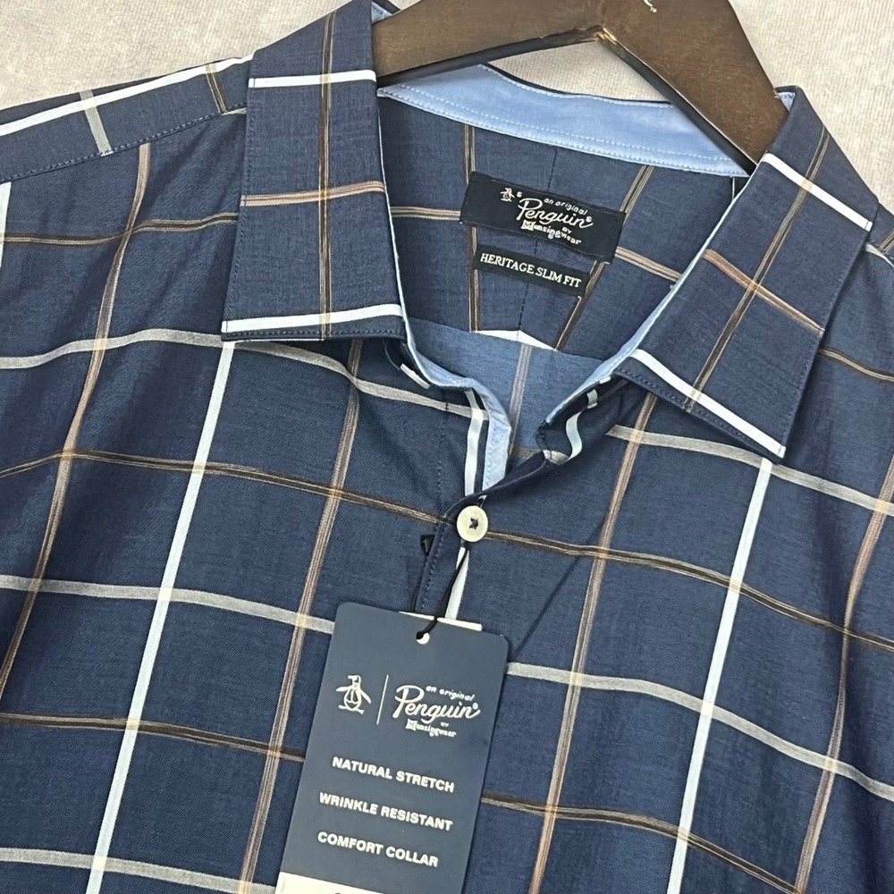 Original Penguin Dress Shirt Mens 17.5 34/35 Navy Plaid New Heritage Slim Fit